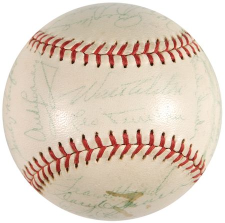 Lot #1314 Los Angeles Dodgers: ‘62 Dodgers team ball signed by Alston, Durocher, Koufax, MVP Wills, and Cy Young winner Don Drysdale - Image 1