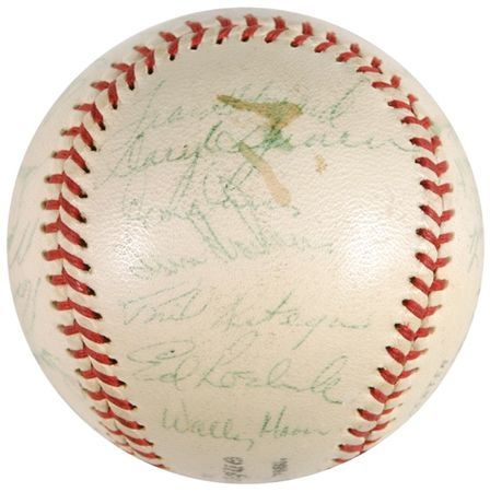 Lot #1314 Los Angeles Dodgers: ‘62 Dodgers team ball signed by Alston, Durocher, Koufax, MVP Wills, and Cy Young winner Don Drysdale - Image 5