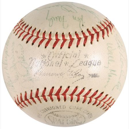 Lot #1314 Los Angeles Dodgers: ‘62 Dodgers team ball signed by Alston, Durocher, Koufax, MVP Wills, and Cy Young winner Don Drysdale - Image 6