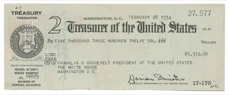 Lot #140 Franklin D. Roosevelt: PRESIDENTIAL PAYOUT: FDR signs a presidential paycheck issued in the midst of his New Deal legislation - Image 1