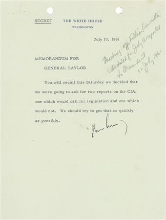 Lot #93 John F. Kennedy: ?PIGS? DON?T FLY: Months after the disastrous Bay of Pigs invasion, JFK sends two memos regarding the CIA to his chief military advisor - Image 1