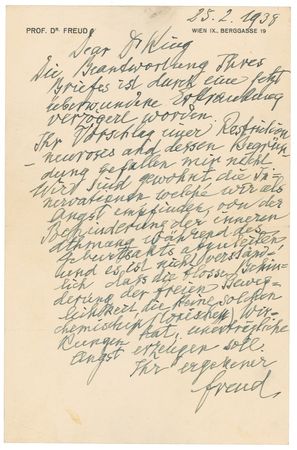 Lot #258 Sigmund Freud: “I DO NOT AGREE WITH YOUR SUGGESTION OF A RESTRICTION NEUROSIS”: In the year he would leave Nazi Austria for London, FREUD refutes a novel psychoanalytic theory in conflict with his own - Image 1