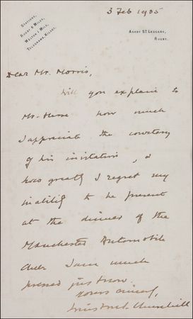 Lot #196 Winston Churchill: Tire pressure? A busy CHURCHILL regrets his inability to attend a 1905 dinner of the Manchester Automobile Club - Image 2