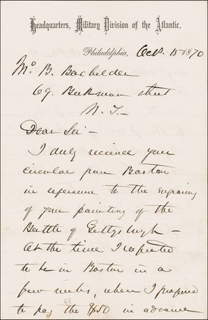 Lot #383 George G. Meade: ?Your painting of the Battle of Gettysburgh?: MEADE writes to a prominent Civil War historian - Image 1