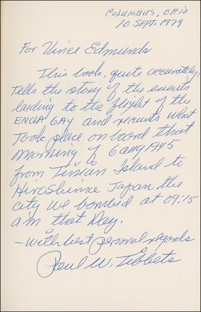 Lot #363 Enola Gay: Tibbets, Paul: “Hiroshima Japan the city we bombed at 09:15 am that day” - Image 1