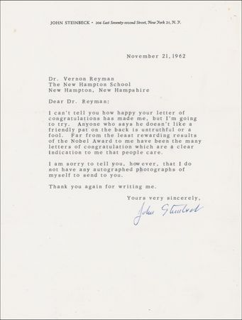 Lot #528 John Steinbeck: NOBEL MAN: STEINBECK gratefully acknowledges ?a friendly pat on the back? upon receiving literature?s highest honor - Image 1