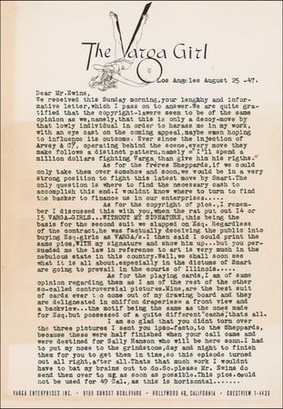Lot #535 Alberto Vargas: ?WORKING LIKE A BEAVER?: Pinup king VARGAS outlines his legal woes with Esquire magazine and proudly appraises his work: ?The best suit of cards ever to come out of my drawing board? - Image 1