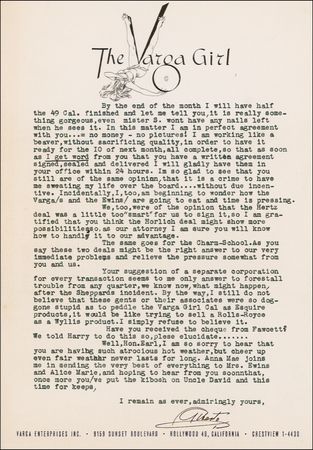 Lot #535 Alberto Vargas: ?WORKING LIKE A BEAVER?: Pinup king VARGAS outlines his legal woes with Esquire magazine and proudly appraises his work: ?The best suit of cards ever to come out of my drawing board? - Image 2