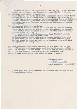 Lot #336 Simon Wiesenthal Signed Document - Image 3