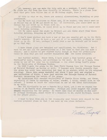 Lot #287 Nathan Leopold: JAILBIRD AND ORNITHOLOGIST: Jazz Age thrill-killer NATHAN LEOPOLD recalls the donation of a rare bird group “as bailee at will” following his conviction - Image 1