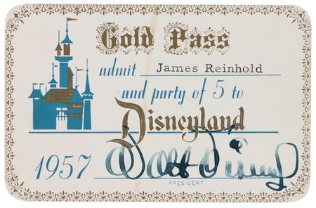 Lot #557 Walt Disney: KEY TO THE MAGIC KINGDOM: WALT DISNEY signs a 1957 Disneyland Gold Pass - Image 1