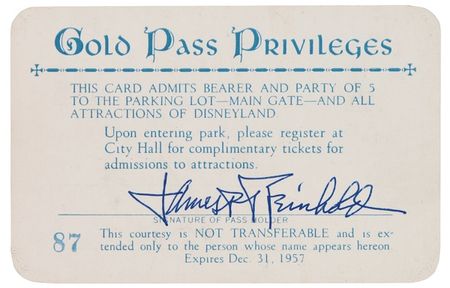 Lot #557 Walt Disney: KEY TO THE MAGIC KINGDOM: WALT DISNEY signs a 1957 Disneyland Gold Pass - Image 2