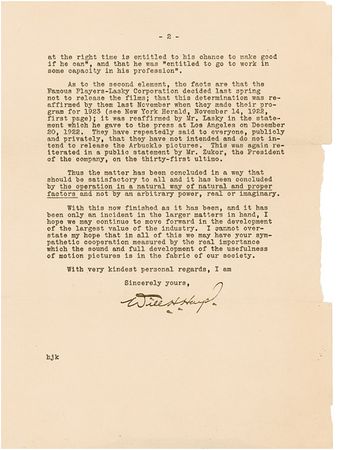 Lot #855 Will Hays: Commenting on the ‘Fatty’ Arbuckle case - Image 1