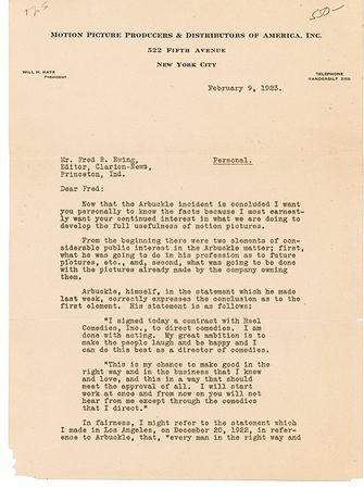 Lot #855 Will Hays: Commenting on the ‘Fatty’ Arbuckle case - Image 2