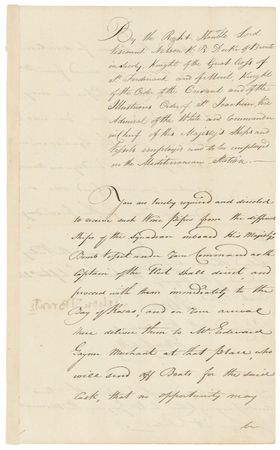 Lot #347 Horatio Nelson: GRAPE EXPECTATIONS: NELSON directs the delivery of wine and seeks assurance that “no opportunity may be afforded the Seamen for desertion” - Image 1