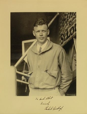 Lot #412 Charles Lindbergh: RIGHT WINGS: Exceptional oversized photo of LINDBERGH posing with the SPIRIT OF ST. LOUIS - Image 2