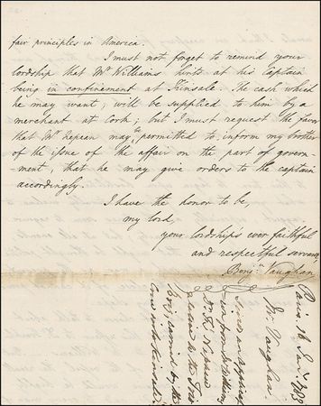 Lot #187 Benjamin Franklin: Vaughan, Benjamin: “Highly grateful both to my friends and to every man of fair principles in America”: VAUGHAN seeks justice on behalf of FRANKLIN’s nephew - Image 4
