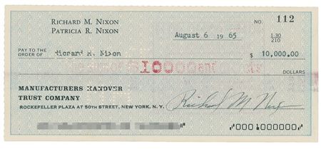Lot #81 Richard Nixon: Ten-grand gesture: Nine years to the day before he would make the decision to resign, NIXON writes himself a check for $10,000 - Image 1