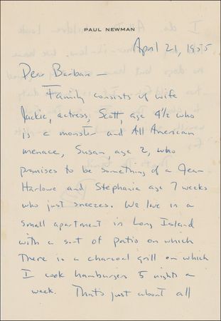 Lot #936 Paul Newman: NEWMAN?S OWN: During his Broadway run in The Desperate Hours, promising up-and-comer PAUL NEWMAN writes on his young ?first? family - Image 1