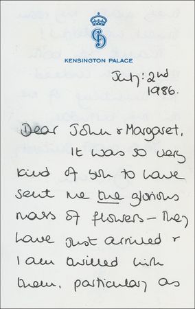 Lot #175 Diana: A PRINCESS TURNS 25: DIANA sends thanks for “the glorious mass of flowers” - Image 1