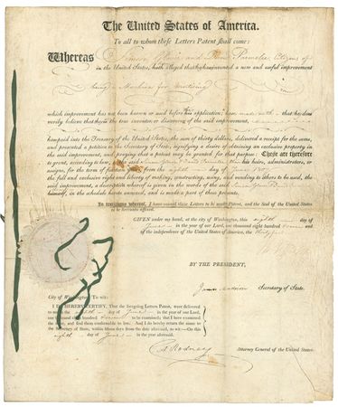 Lot #66 Thomas Jefferson and James Madison: FOUNDING FATHERS OF INVENTION: JEFFERSON and MADISON sign a patent for a mortising machine - Image 1