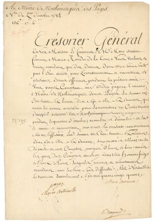 Lot #255 Marie Antoinette: THE QUEEN’S CALCULATOR: MARIE ANTOINETTE signs a 1784 pay order for a “mathematical master” - Image 1