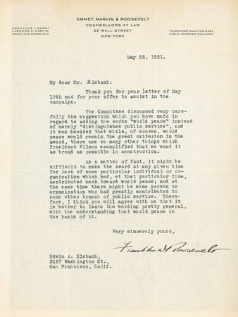 Lot #109 Franklin D. Roosevelt: “SO MANY ... THINGS WHICH PRESIDENT WILSON EXEMPLIFIED”: FDR organizes a peace award in honor of the former president - Image 1