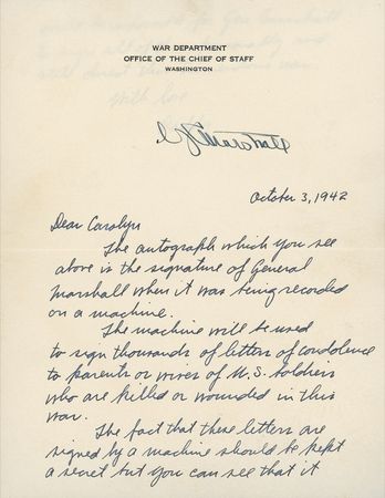 Lot #375 George C. Marshall: ?SHOULD BE KEPT A SECRET?: The original exemplar used to create the autopen matrix of GEORGE C. MARSHALL - Image 1