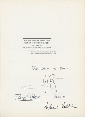 Lot #415 Apollo 11: WINGS OF APOLLO: ARMSTRONG, COLLINS, and ALDRIN sign a NASA publication on the program that took them to the moon - Image 1