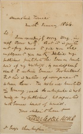 Lot #489. Charles Dickens: NEIN: DICKENS turns down a prospective German translator in the year of The Chimes and Martin Chuzzlewit