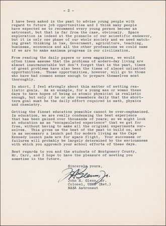 Lot #438 John Glenn: ?SPACE EXPLORATION ... IS AT THE PINNACLE OF OUR SCIENTIFIC ENDEAVOR?: GLENN philosophizes on ?Body, Mind, and Spirit? - Image 1