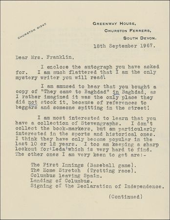 Lot #484 Agatha Christie: On They Came to Baghdad and a favorite hobby: ?Collecting things is a great bond, isn?t it?? - Image 1