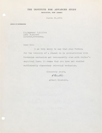 Lot #196 Albert Einstein summarily dismisses an aspiring scientist’s elaborate planetary theory: “It seems to me that you have not studied sufficiently elementary celestial mechanics” - Image 1