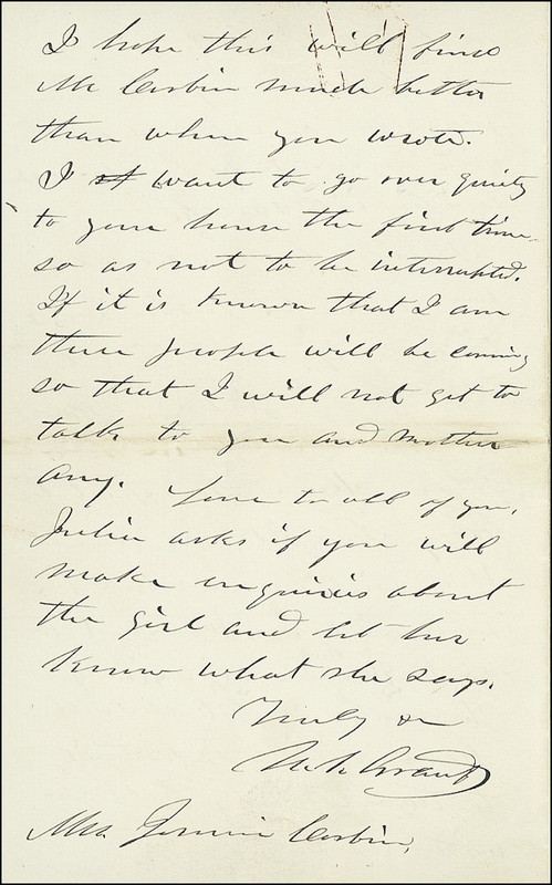Lot 98 U. S. Grant: Visiting family incognito after leaving the White House: ?I want to go over quietly to your house.... If it is known that I am there people will be coming?