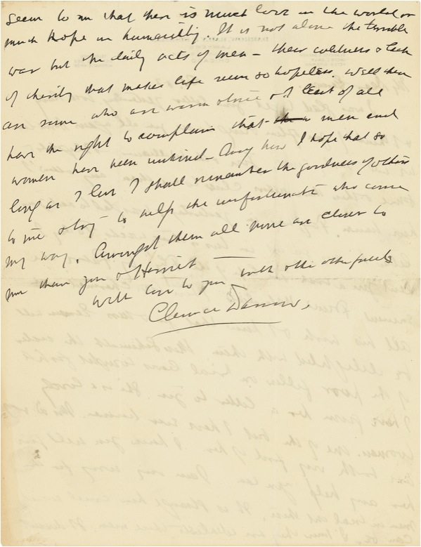 Lot 285 Clarence Darrow: MANKIND?S SORRY STATE: ?It doesn?t seem to me that there is much love in the world or much hope in humanity ? their coldness and lack of charity that makes life seem so helpless?