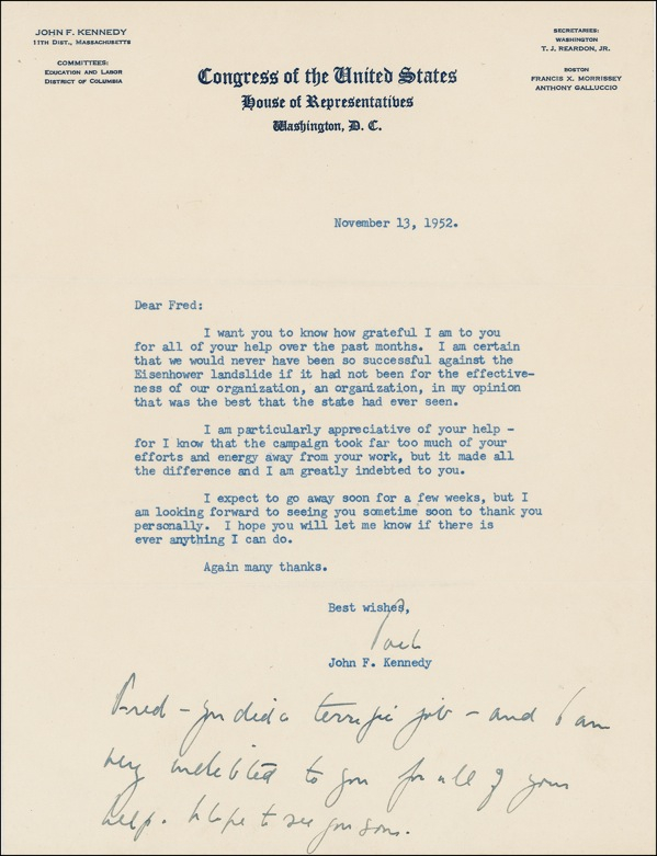 Lot 142 John F. Kennedy: ?SUCCESSFUL AGAINST THE EISENHOWER LANDSLIDE?: Days after his first senatorial victory, JFK sends grateful thanks to a supporter
