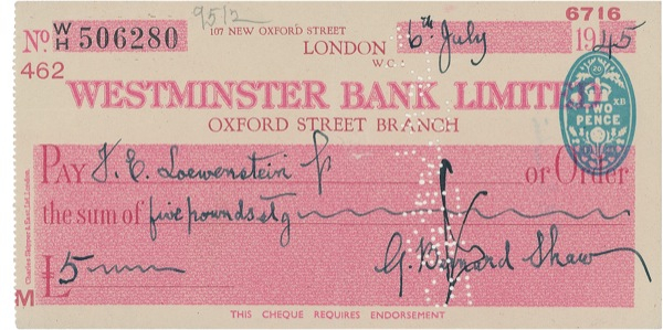 Lot 654 George Bernard Shaw Check