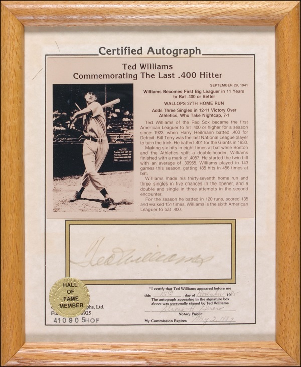 Lot 1714 Ted Williams Stat Sheet