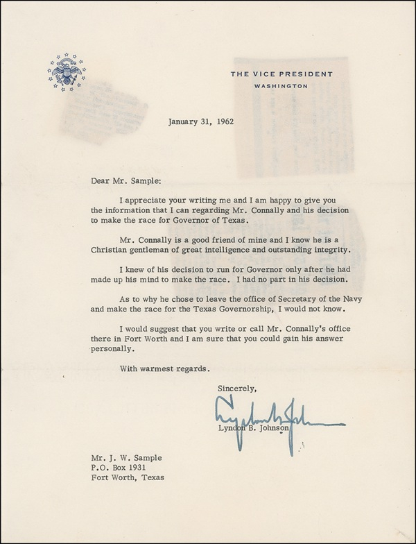 Lot 136 Lyndon B. Johnson: “A CHRISTIAN GENTLEMAN OF GREAT INTELLIGENCE AND OUTSTANDING INTEGRITY”: LBJ warmly endorses Connally in the Texas gubernatorial race