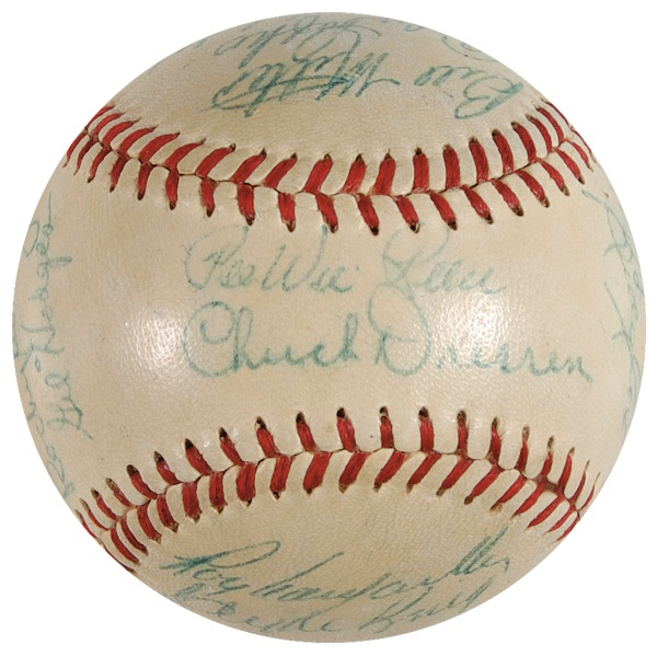 Lot 1315 Baseball: 1952 World Series: Dodgers and Yankees ‘52 World Series ball including Mantle, Campanella, Snider, and Hodges