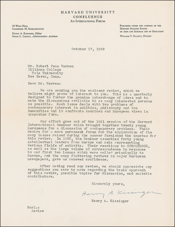 Lot 363 Henry Kissinger: Harvard grad student KISSINGER writes to Pulitzer Prize author Robert Penn Warren