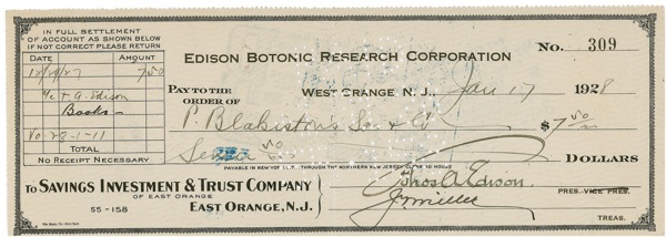 Lot 302 Thomas Edison Check