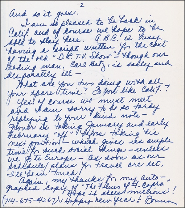 Lot 1196 Donna Reed Handwritten Letter Signed