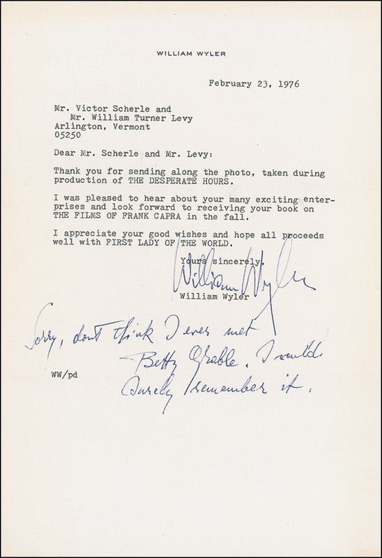 Lot 1296 William Wyler: ?Don?t think I ever met Betty Grable. I would surely remember it?