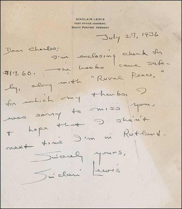 Lot 626 Sinclair Lewis Handwritten Letter Signed