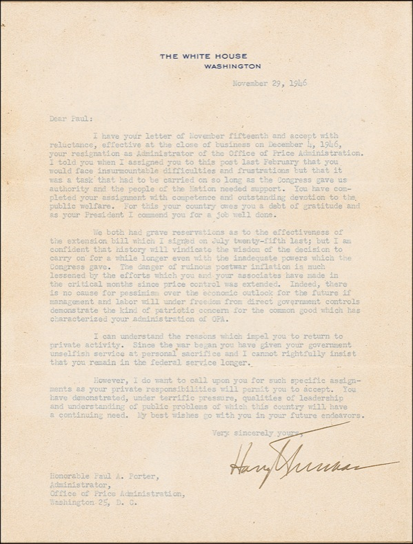 Lot 226 Harry S. Truman: ?YOUR COUNTRY OWES YOU A DEBT OF GRATITUDE?: TRUMAN accepts the resignation of the head of the OPA