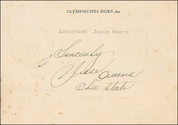 Lot 1611 Jesse Owens: Owens signs during the 1936 Olympics