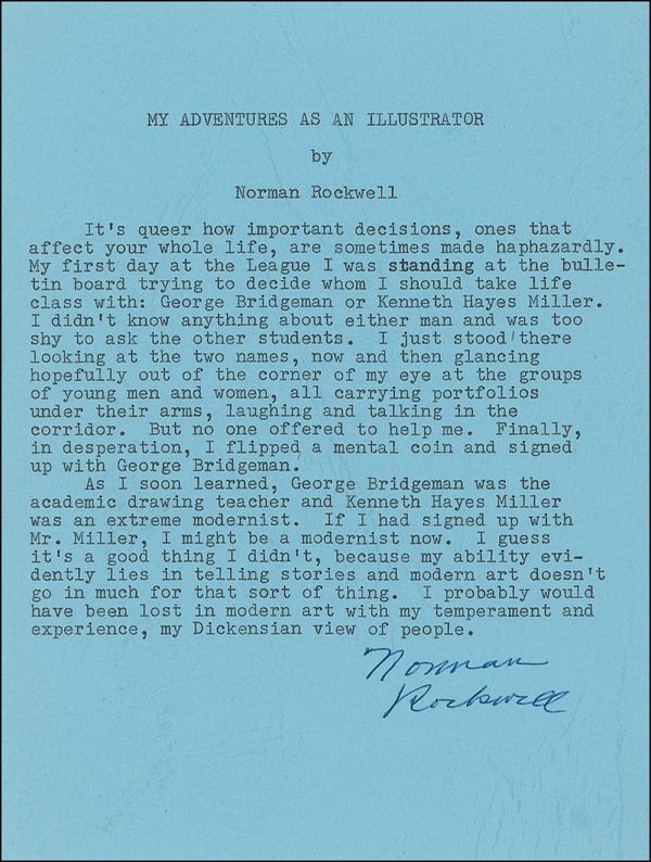 Lot 644 Norman Rockwell: ?I probably would have been lost in modern art with my temperament and experience, my Dickensian view of people.?