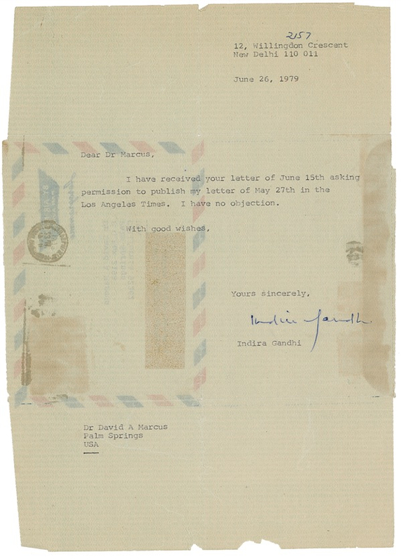 Lot 318 Indira Gandhi Typed Letter Signed