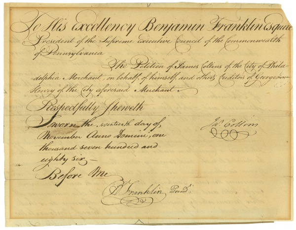 Lot 316 Benjamin Franklin: HARD TIMES: FRANKLIN signs a 1786 bankruptcy document